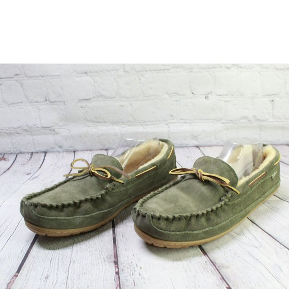 LL Bean Green Suede Wicked Good Shearling Lined Moccasin Slippers Size 12 - Picture 2 of 9